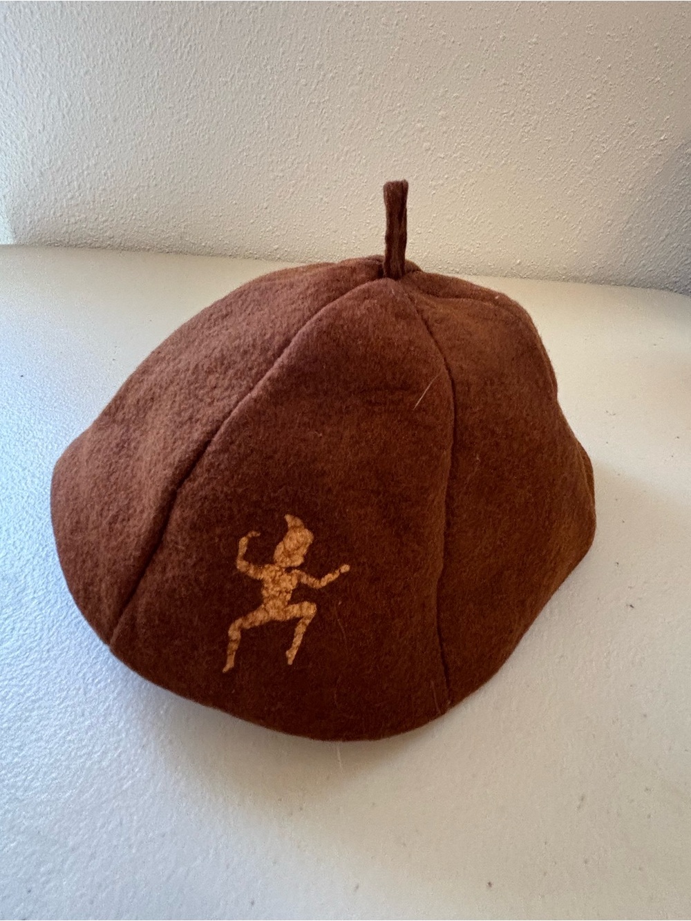 Brown Felt Beret with Embroidered Figure